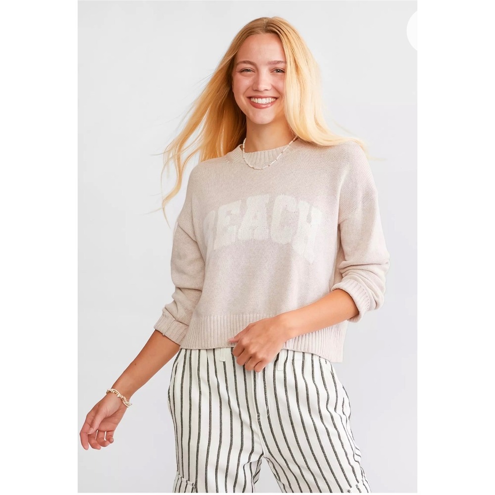 Z Supply Sunset Beach Cotton Knit Cropped Sweater Oatmeal Women's XS Pullover